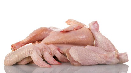 Whole carcass chicken meat, raw legs and wings, isolated on white
