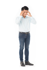 Studio portrait of young Asian man expressing emotions on white background