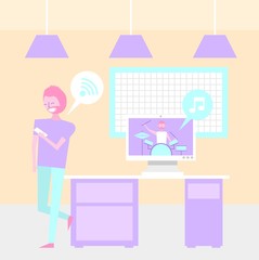 young man listen music online with computer and mobile vector illustration