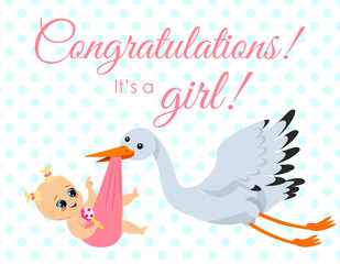 Vector illustration of greeting card with stork carrying newborn babygirl with congratulation text. Happy baby girl in cartoon flat style.