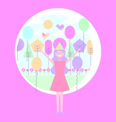 happy young woman party hat balloons in the park vector illustration
