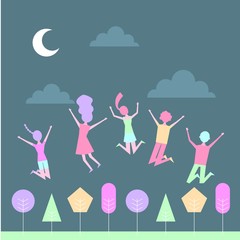 people jumping happy in park at night landscape vector illustration