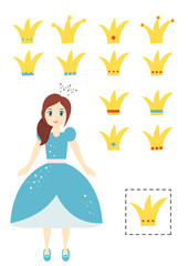 Educational game for children. Help the princess find her crown. Cartoon character. Vector illustration