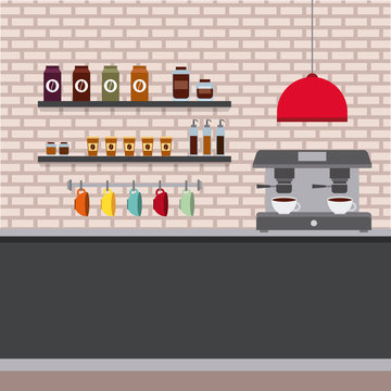 coffee shop interior cappuccino machine counter cups and products vector illustration