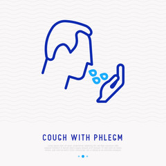 Cough with phlegm thin line icon. Modern vector illustration of illness symptom.