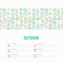 Fototapeta na wymiar Outdoor concept with thin line icons: mountains, backpack, uncle boots, kettle, axe, map, swiss knife, canoe, camera, fishing rod, binoculars. Vector illustration for print media, web page template.