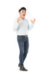 Portrait of young Asian man wearing 3d cinema glasses on white background