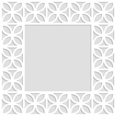 Gray and white trefoil leaves laser cut paper lattice geometric square frame, vector