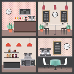 coffee shop interior space modern furnitures collection vector illustration