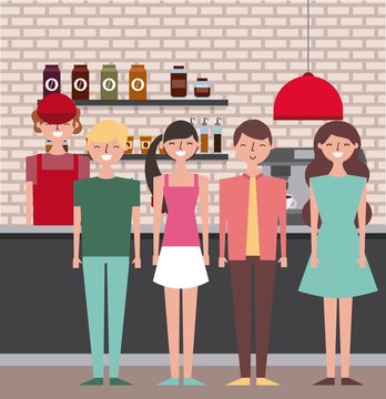 people and barista employee coffee shop interior vector illustration