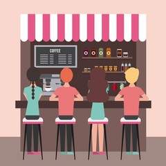 coffee shop interior people sitting in stools vector illustration