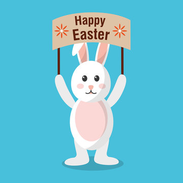 happy easter rabbit holding placard celebration vector illustration