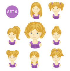 Cute blonde little girls with various hair style. Set of children's faces. Vector illustration.