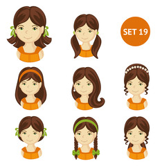 Cute brunet little girls with various hair style. Set of children's faces. Vector illustration.