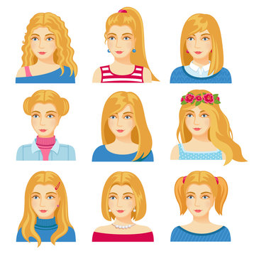 Set of woman faces with various hairstyle. Collection of young girls portraits. Different avatars of blonde girls. Vector illustration.