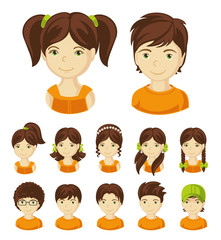 Children face set. Vector illustration set of different avatars of brunet boys and girls on a white background. Collection of portraits kids. Vector illustration.