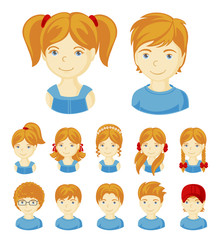 Children face set. Vector illustration set of different avatars of ginger boys and girls on a white background. Collection of portraits kids. Vector illustration.