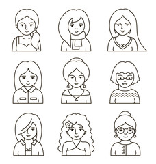 Set of people stylish avatars for profile page. Collection of women's faces. Simple linear style. Vector illustration.