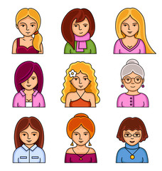 Set of woman stylish avatars for profile page. Collection of women's faces. Vector illustration.