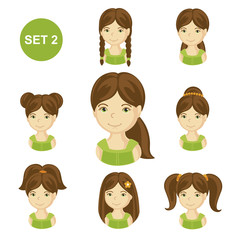 Cute brunet little girls with various hair style. Set of children's faces. Vector illustration.