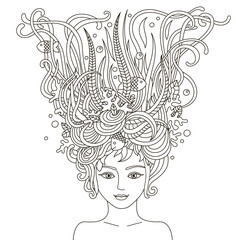 Portrait of beautiful fashion woman with abstract wavy hair be used for coloring book  for adults. Mermaid. Vector illustration
