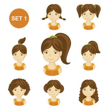Cute brunet little girls with various hair style. Set of children's faces. Vector illustration.