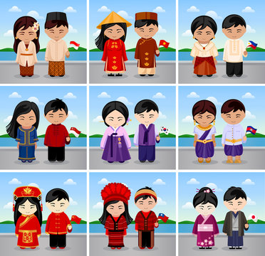 People in national dress with flag in a landscape. Traditional costume. Different national clothes. Vietnam, the Philippines, Singapore, Korea, Cambodia, China, Taiwan, Japan. Vector illustration.