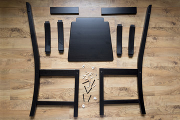 Assembly of wooden furniture, wooden parts of the dining chair