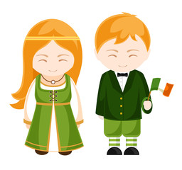 Irish girl and boy in national costume. Irish people. Man and woman. Travel to Ireland. Vector illustration.