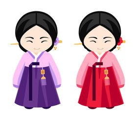 Korean girls in hanbok. Women in traditional clothes, national dress. Travel to Korea. Vector illustration.