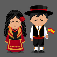 Spanish in national dress with a flag. Boy and girl in traditional costume. Travel to Spain. People. Vector flat illustration.