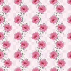 Fototapeta na wymiar Seamless pattern with pink flowers and leaves on white background, watercolor floral pattern, flower in pink color, flower pattern for wallpaper, card or fabric