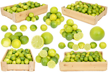 Lime in wooden boxes on white background