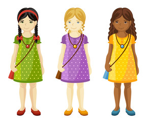 Obraz premium Collection of cute little girls with different hairstyles. Blonde, dark-haired girls. Full-length portrait.