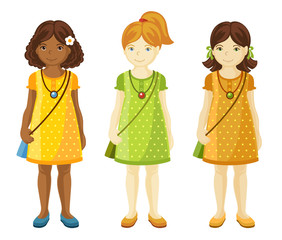 Collection of cute little girls with different hairstyles.Ginger, dark-haired girls. Black girl. Full-length portrait.