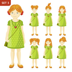 Collection of cute ginger little girls with different hairstyles. Full-length portrait. Set of cartoon characters. Vector illustration.