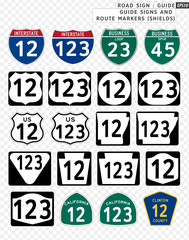 Road sign. Guide. Guide Signs and Route Markers (Shields).  Vector illustration on transparent background