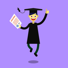 Colored flat illustration of a cartoon happy graduate student