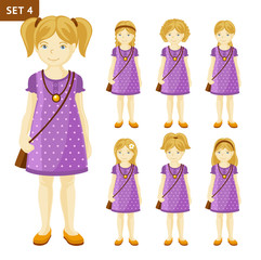 Collection of cute little blonde girls with different hairstyles. Full-length portrait. Set of cartoon characters. Vector illustration.