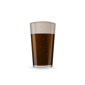 Photo-realistic dark beer with foam at glass. Vector image isolated on the white background.