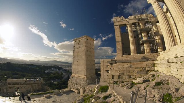 The Propylaea overlooking Greece. The Acropolis is one of the most important ancient monuments in the world with archaeological structures including: The Acropolis, Erechtheion, Parthenon, Propylaea.