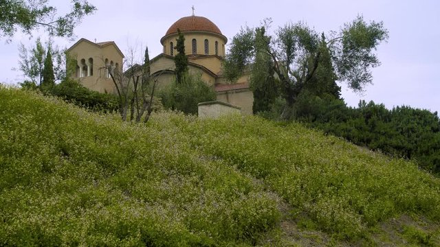 Greek Church in Beautiful Field. This Christian Church overlook and ancient Greek Cemetery and the remains of an ancient city.