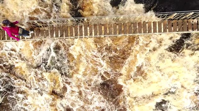 Aerial footage of waterfall. Water rushing through stones.Republic of Karelia