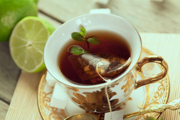 Cup of tea on wooden table