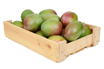 Mango in wooden box on white background
