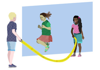 Kids playing jumping rope with measuring tape