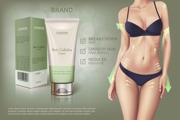 Design of web banner of anti-cellulite cream in tube with box. Advertising of means for care of body skin for women. Concept vector illustration of cosmetic cream with woman in underwear.