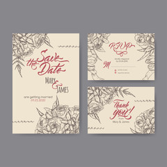 Set of three original attractive wedding cards based on bouquet sketch and brush calligraphy.