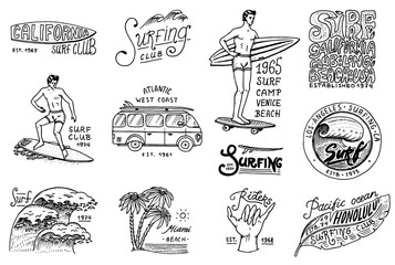 Surf badge and wave, palm tree and ocean. tropics and california. man on the surfboard, summer on the beach and the sea. engraved emblem hand drawn. Banner or poster. sports in Hawaii. - obrazy, fototapety, plakaty