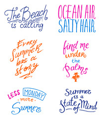 Summer Quotes inspiration, travel and journey phrases, calligraphy vector illustration. Hand drawn lettering. Set of summer holidays and tropical vacation. Vintage style.